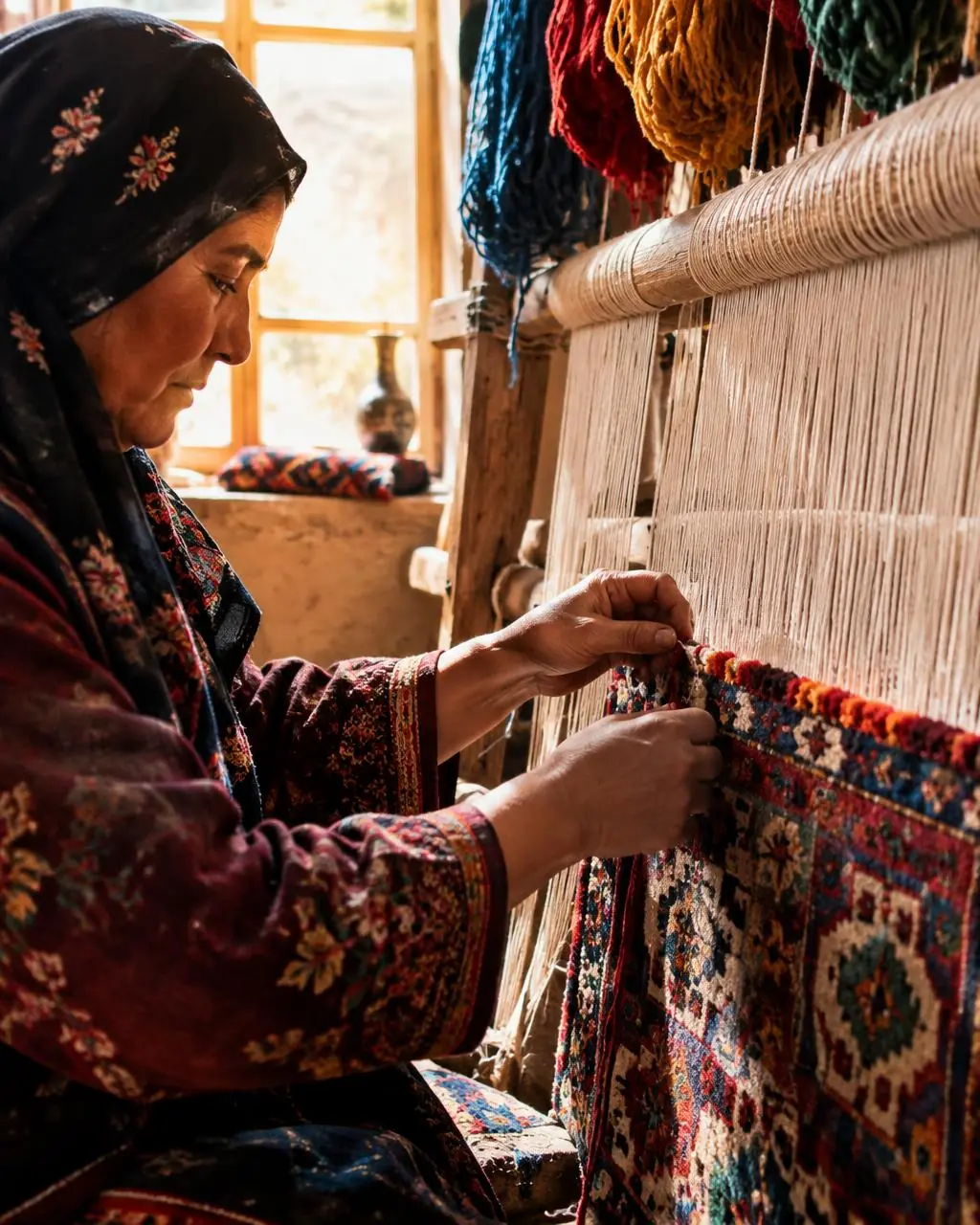 Afghan carpet weaver at a wooden loom